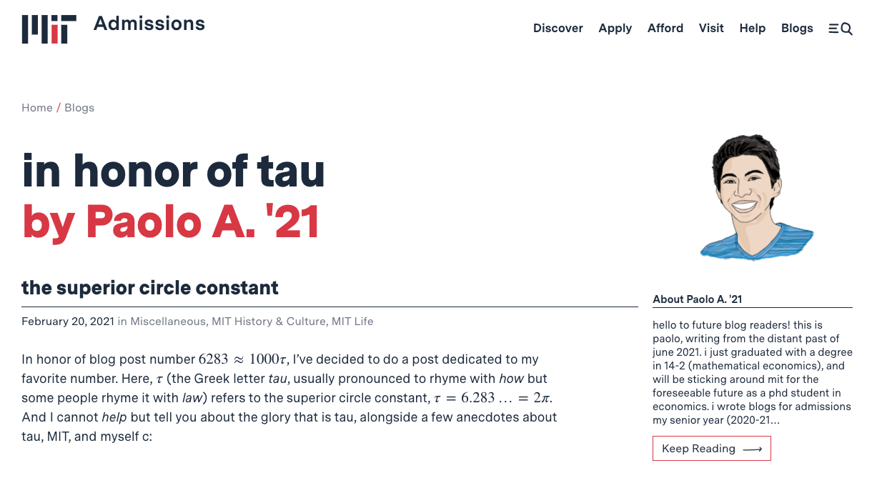 MIT Admissions tau blog post