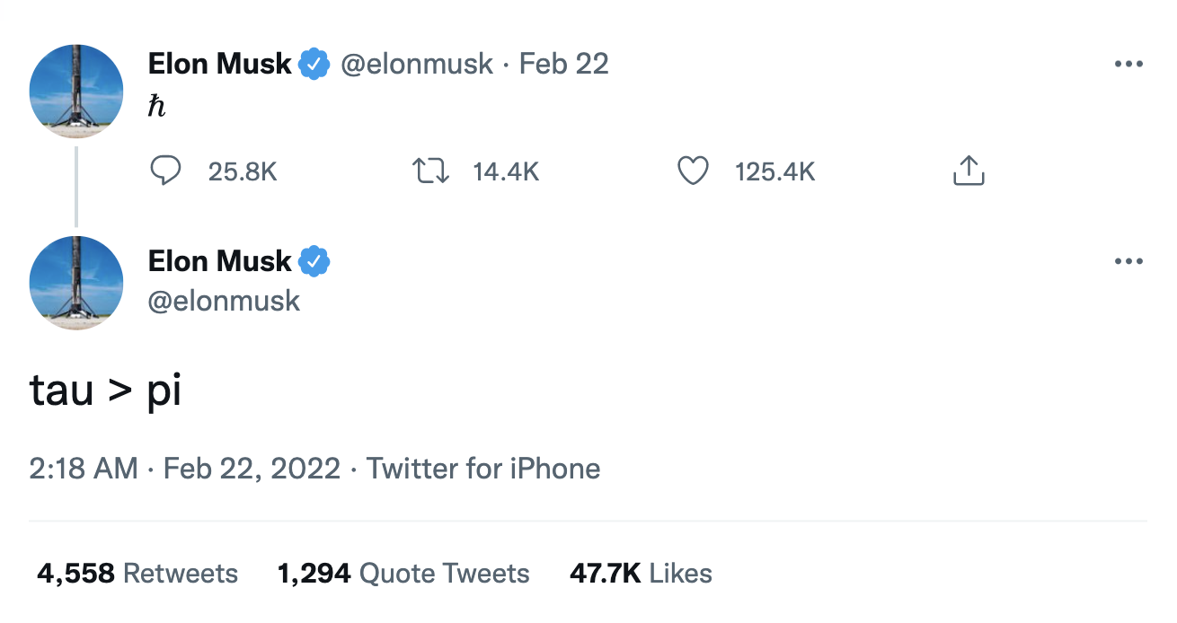 Elon Musk tweets 'tau > pi'